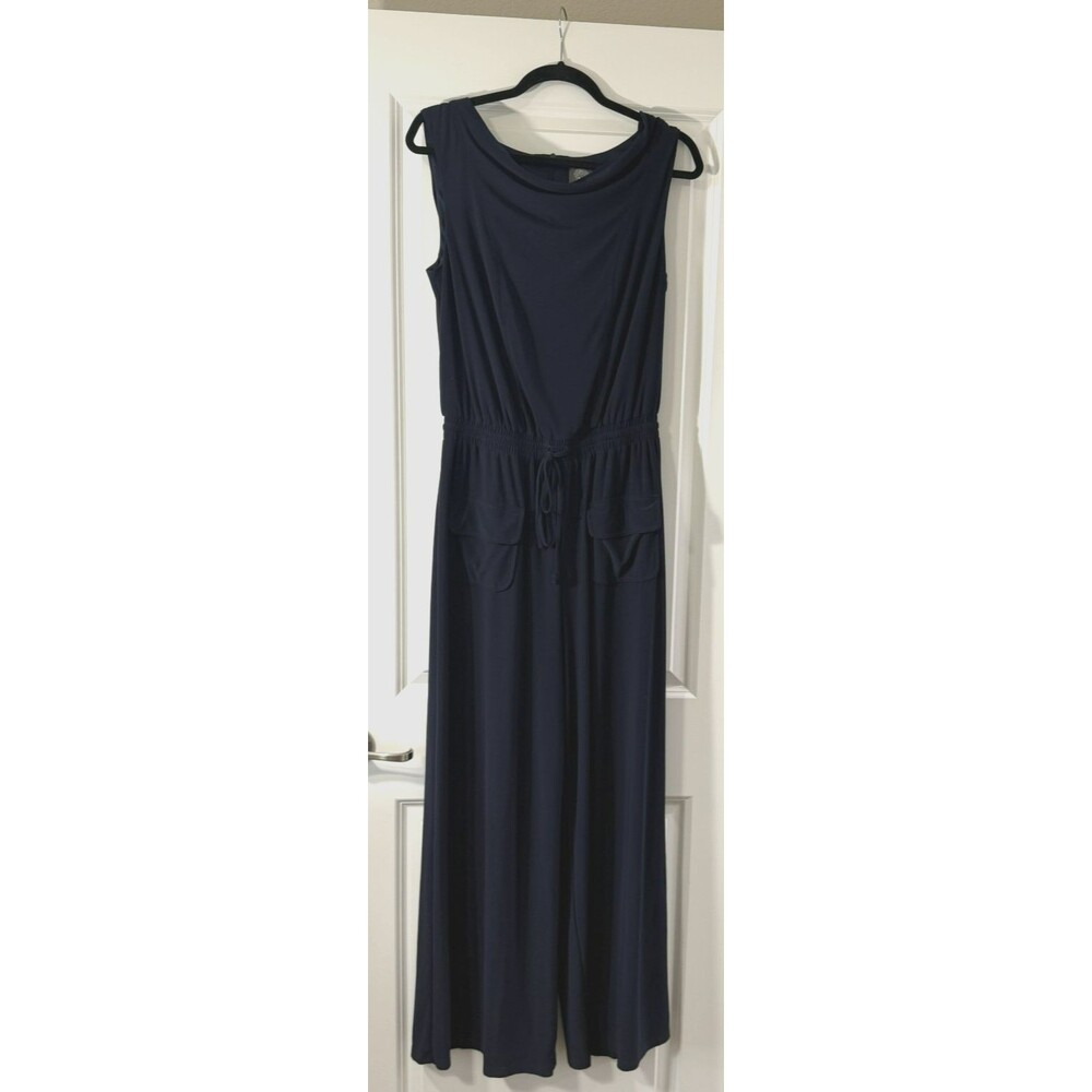 Vince Camuto Jumpsuit M Navy Blue Cowl Neck Tie Front Wide Leg Palazzo pockets